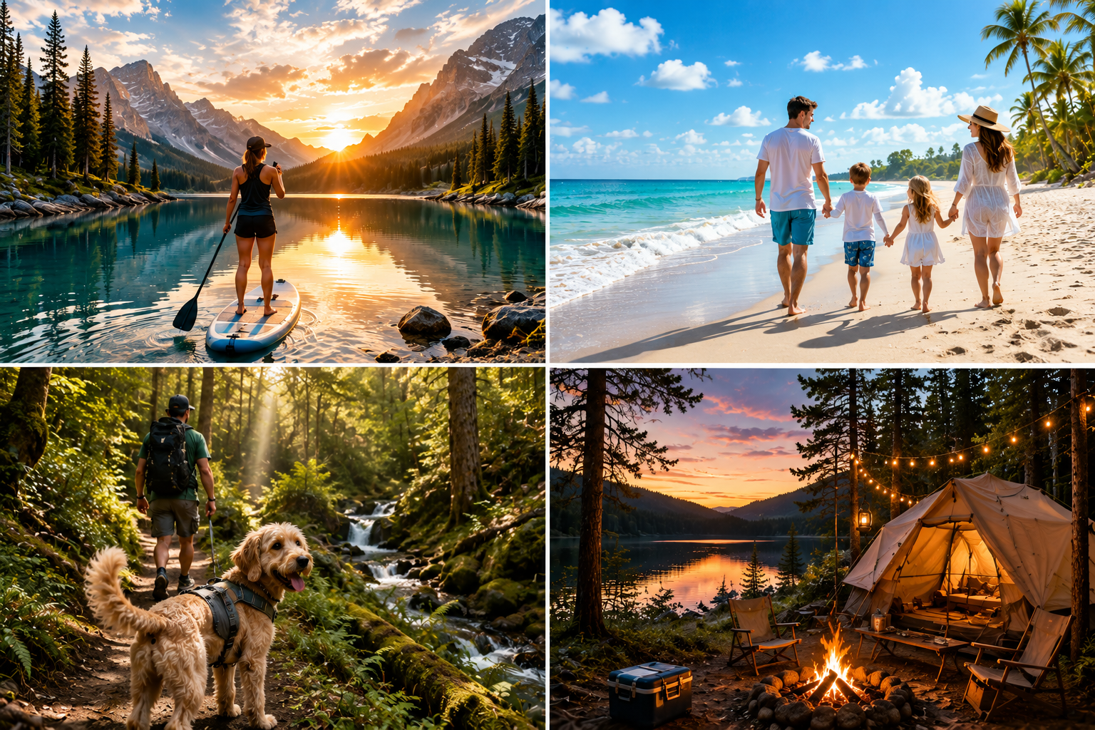 Outdoor adventure collage showing paddle boarding, beach day, dog hiking, and camping by the lake