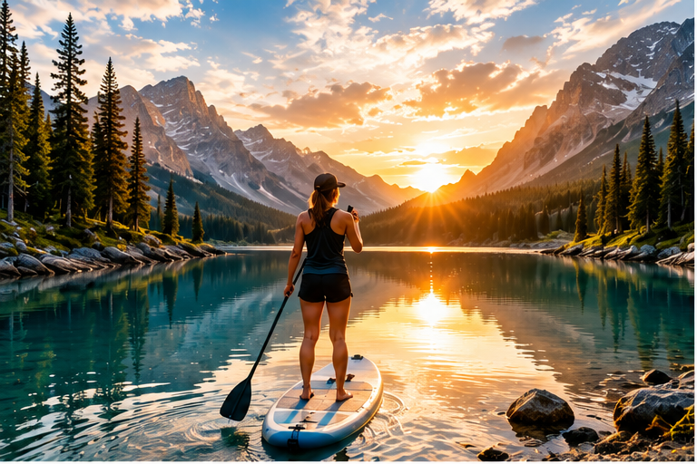 Paddle boarder on a calm mountain lake at sunrise